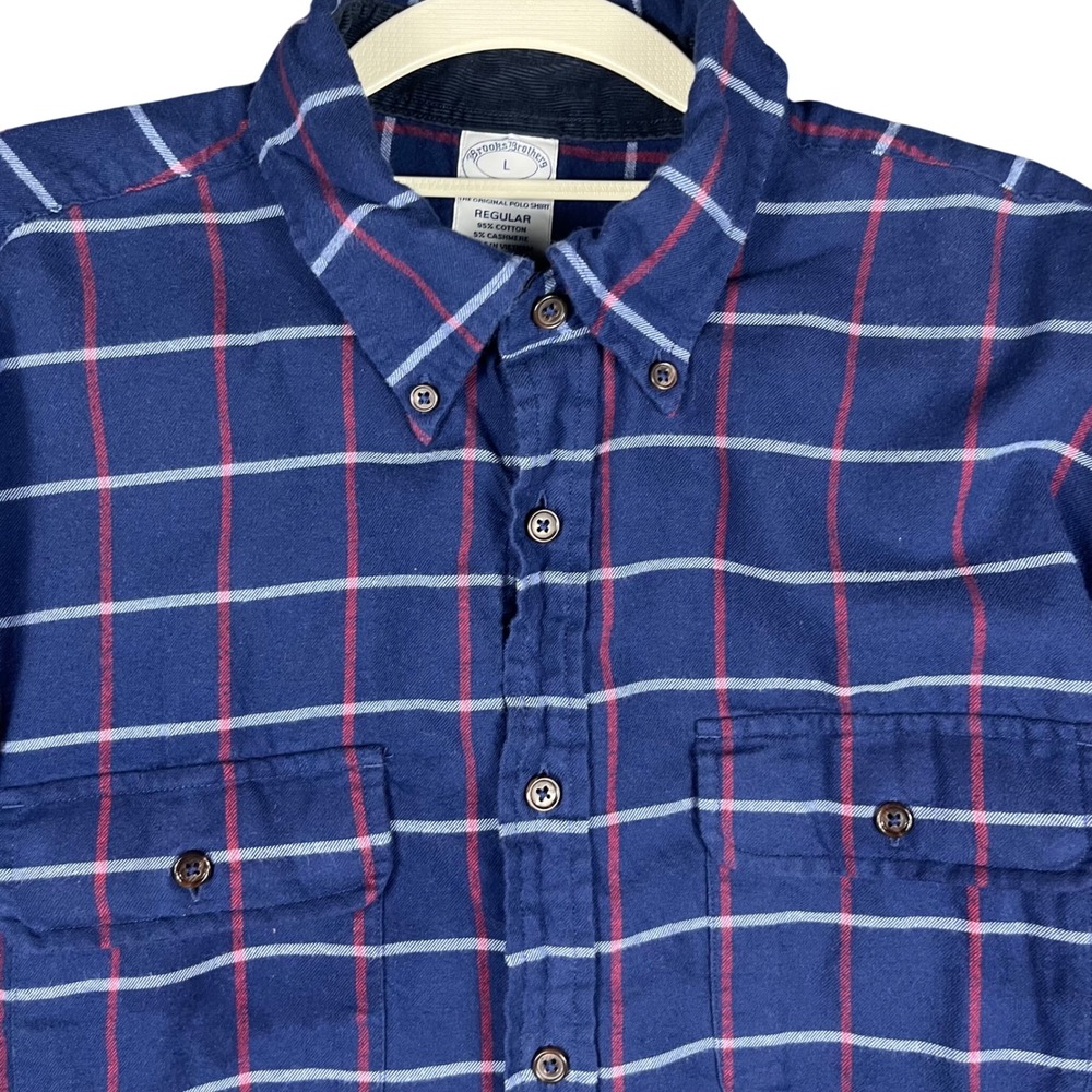 Brooks Brothers Button Down Shirt Mens L Blue Cotton Cashmere Plaid Elbow Pad